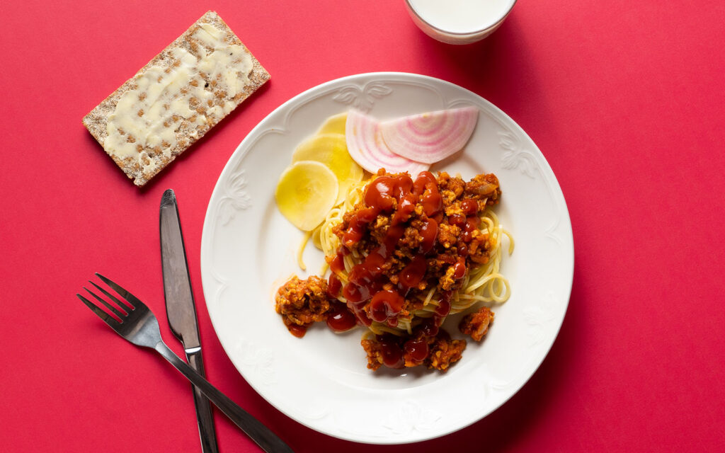 Spaghetti med köttfärssås i 50/50-stil. Lisas bidrag till Fast Fusion Climate Week 2024.