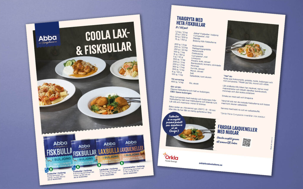 Mockup av broschyr med Abba Coola Lax- och Fiskbullar. Från Orkla FoodSolutions.