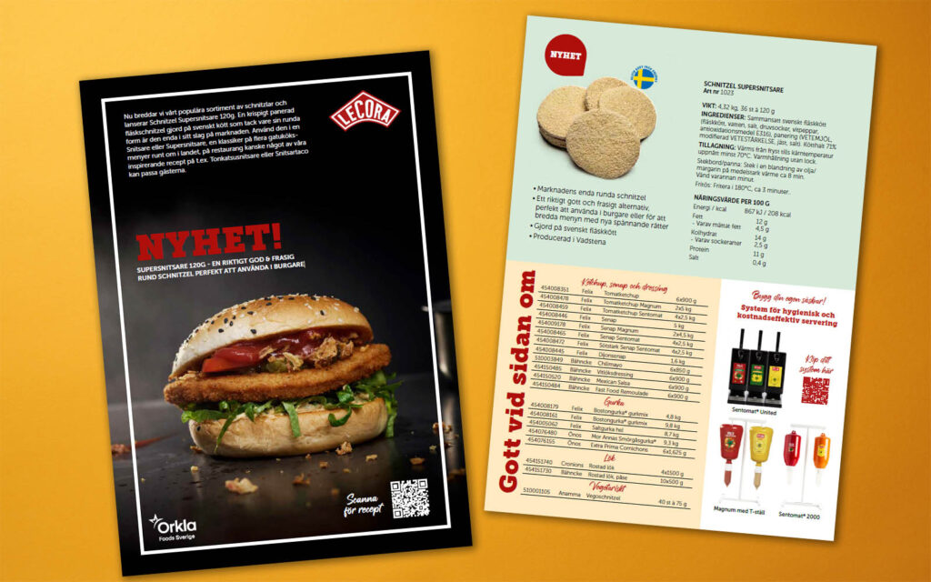 Mockup av informationsblad med Lecora Schnitzel Supersnitsare.