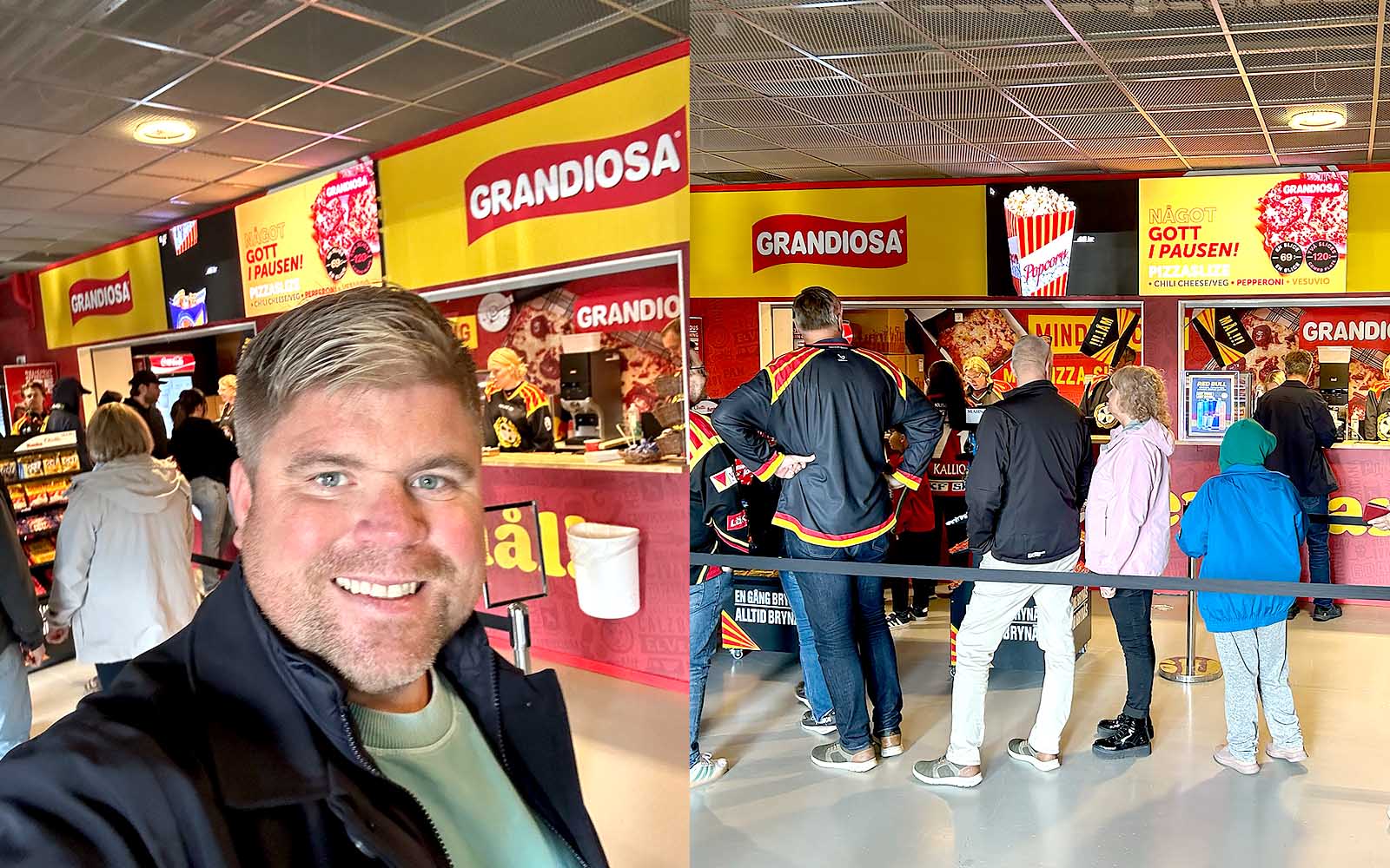 Tomas Lindh och Grandiosa kiosk med pizza på Brynäs hemmaarena Monitor ERP Arena.