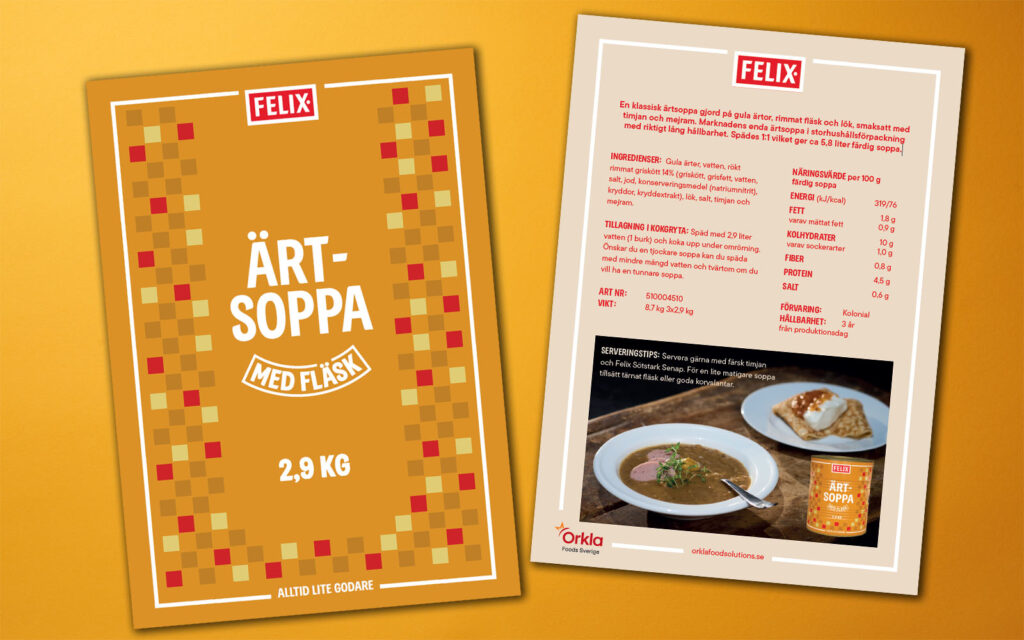 Mockup av broschyr med FELIX Ärtsoppa. Från Orkla FoodSolutions.